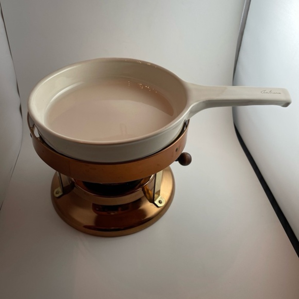 Fondue copper & brass ~Ceramic Dish Vintage by Hall Ernest Sohn AmBiance